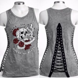 NWT House of Blues Gray Tank Top Skull Rhinestones Side Cut Out Back Size XS
